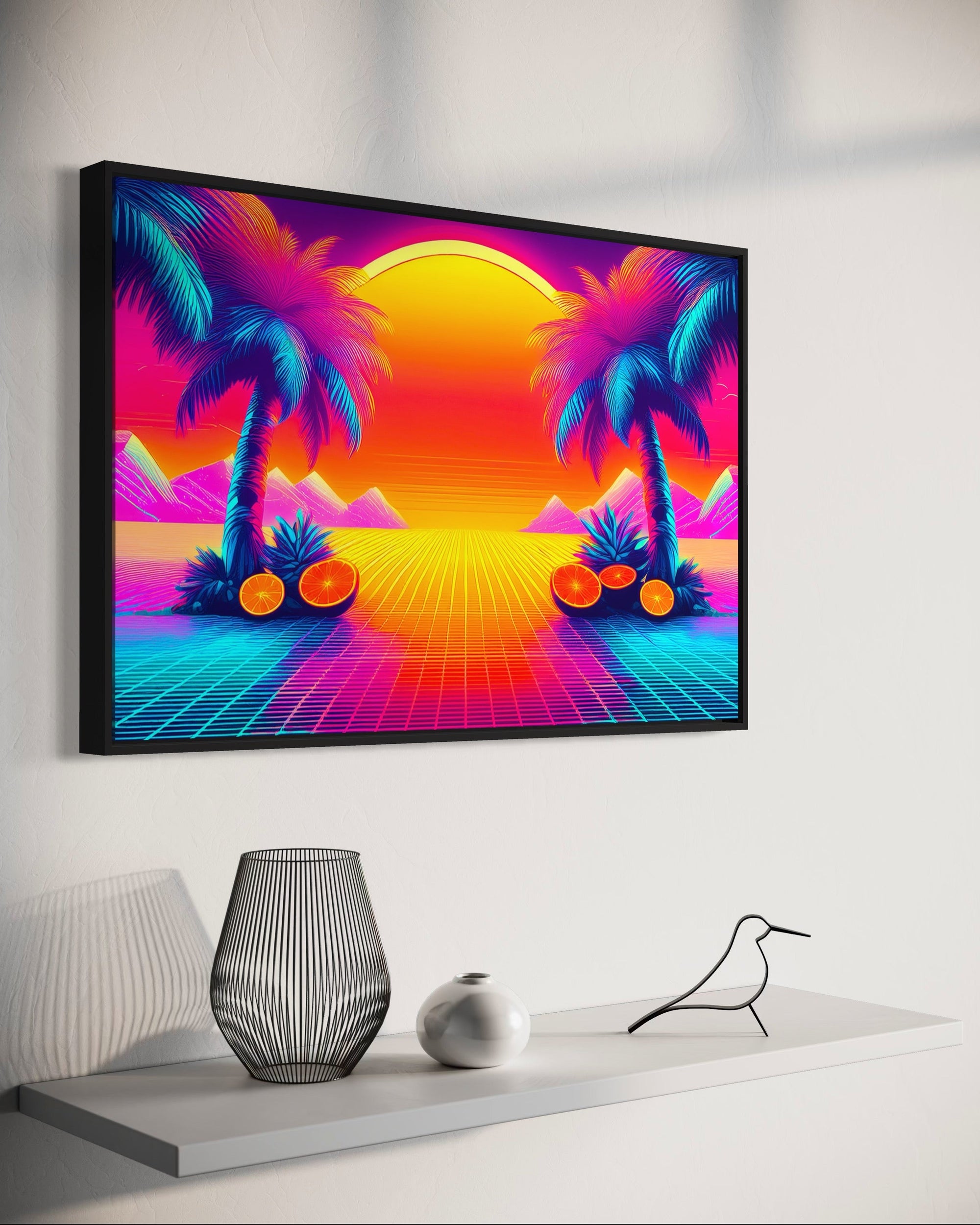 Sunwashed Tide – Retro 80s Synthwave Sunset Wall Art Mami Makes Art
