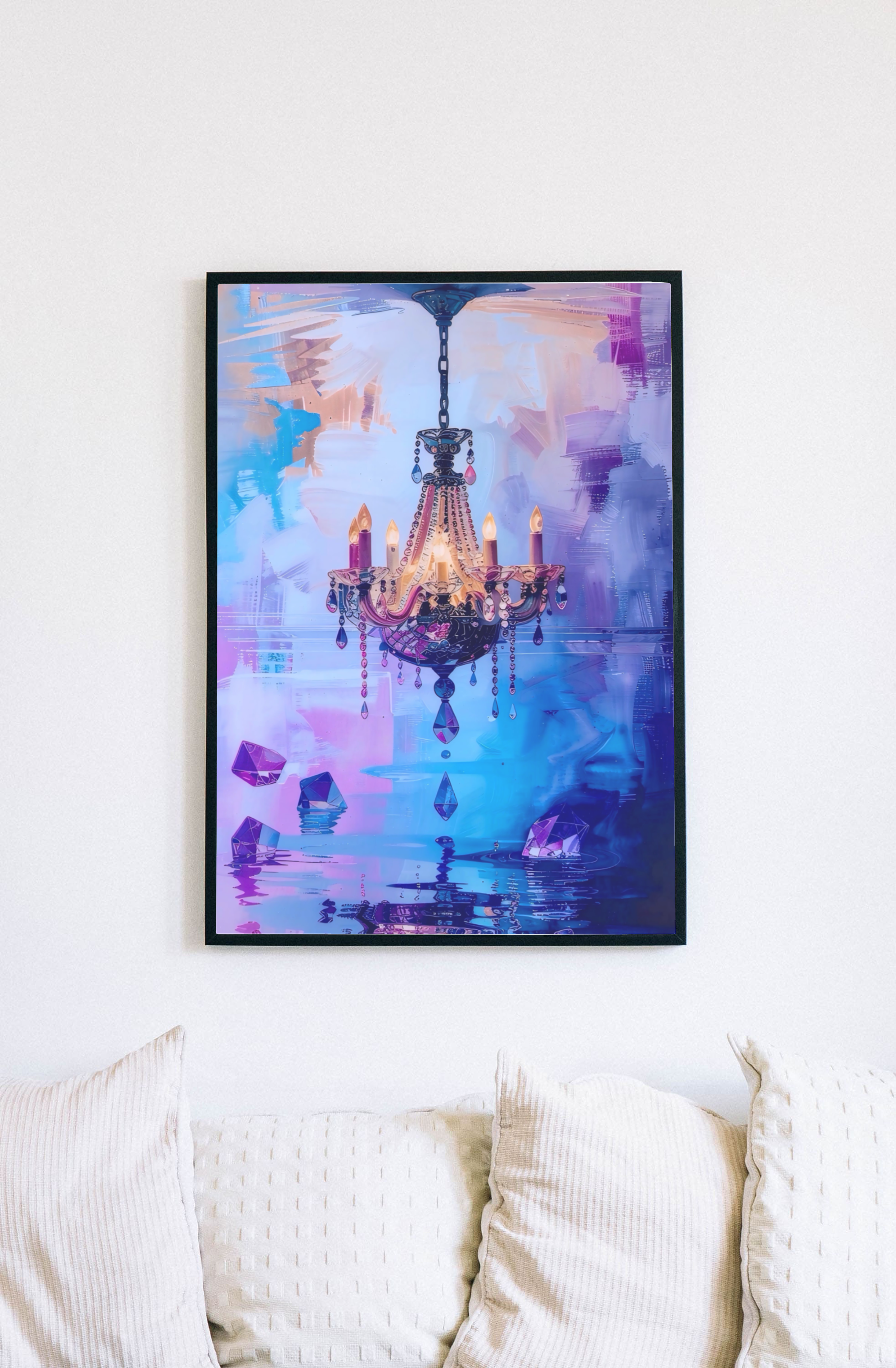 Abstract Chandelier Art Print | Modern Rococo Wall Decor | Elegant Purple & Blue Crystal Poster | Moody, Romantic Living Room Artwork