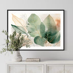 Abstract Botanical Watercolor Print | Green and Gold Leaf Wall Art | Modern Minimalist Plant Decor