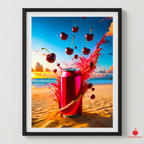 Cherry Soda Pop Art Print | Exploding Can on Beach Poster | Red & Blue Wall Art | Retro Diner & Kitchen Decor | Refreshing Summer Artwork