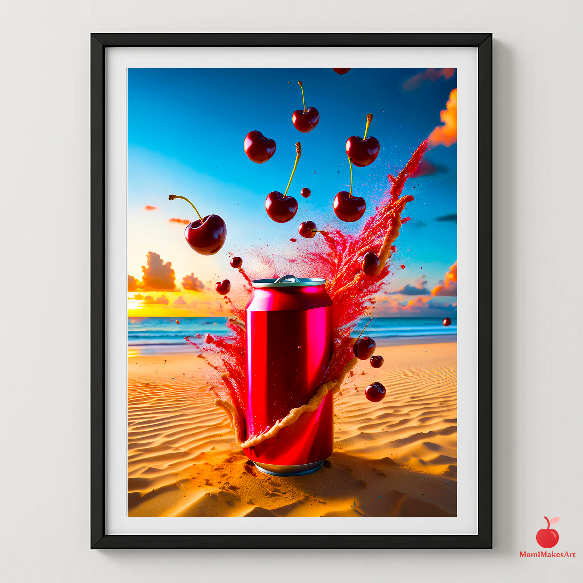 Cherry Soda Pop Art Print | Exploding Can on Beach Poster | Red & Blue Wall Art | Retro Diner & Kitchen Decor | Refreshing Summer Artwork