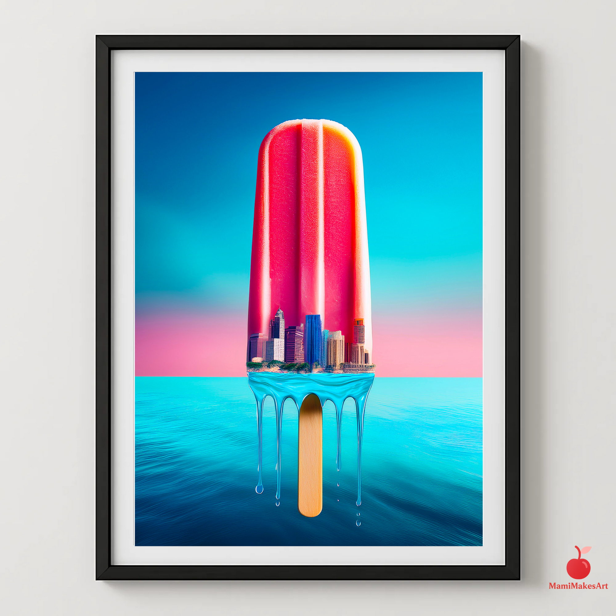Surreal Melting Popsicle Art | Cityscape Inside Ice Pop Poster | Modern Blue & Pink Wall Art | Conceptual Urban Decor | Climate Change Art