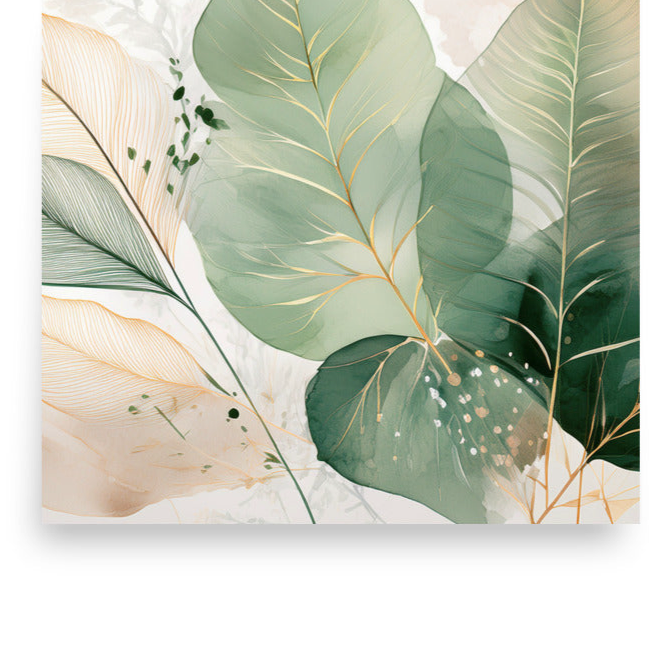 Abstract Botanical Watercolor Print | Green and Gold Leaf Wall Art | Modern Minimalist Plant Decor