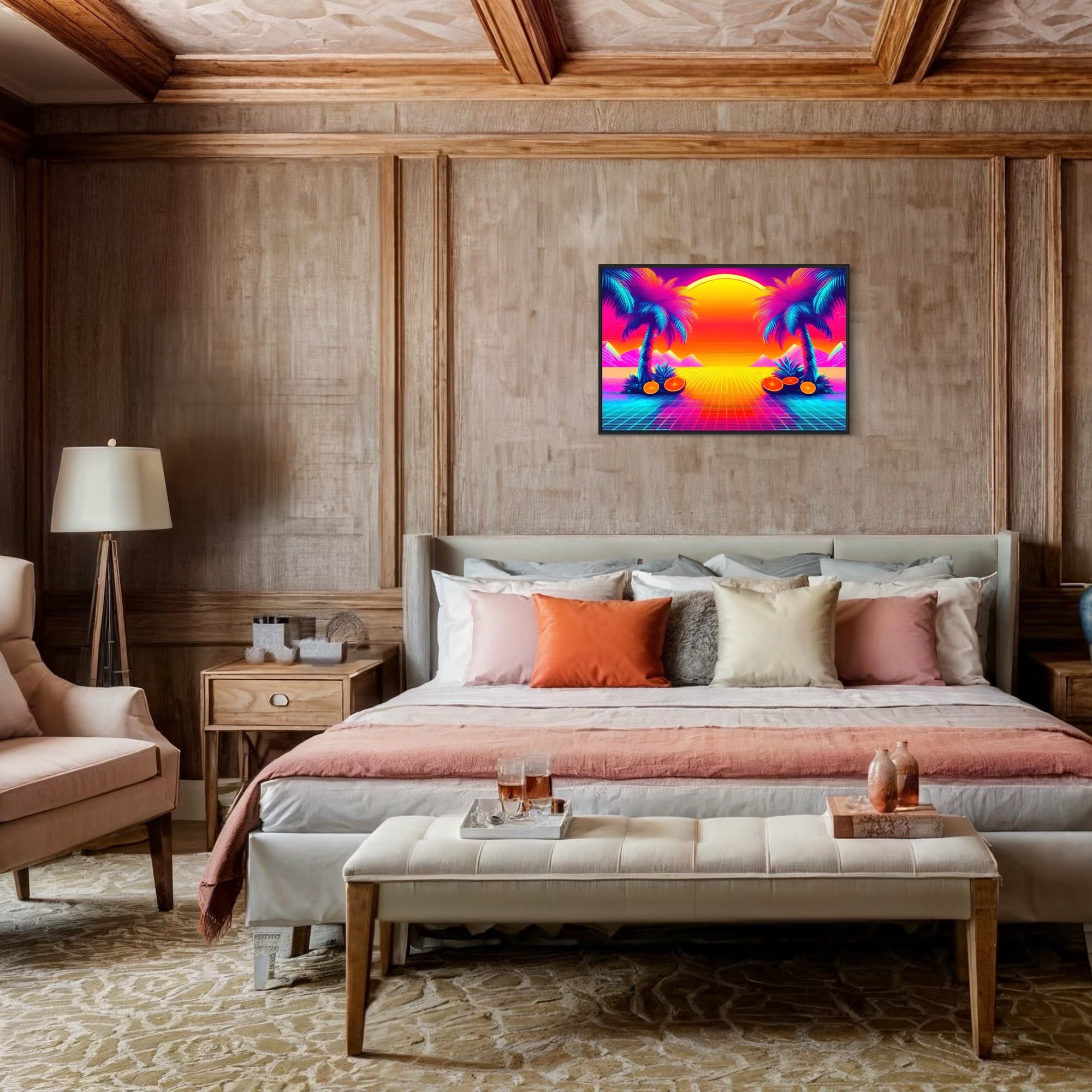 Sunwashed Tide – Retro 80s Synthwave Sunset Wall Art Mami Makes Art