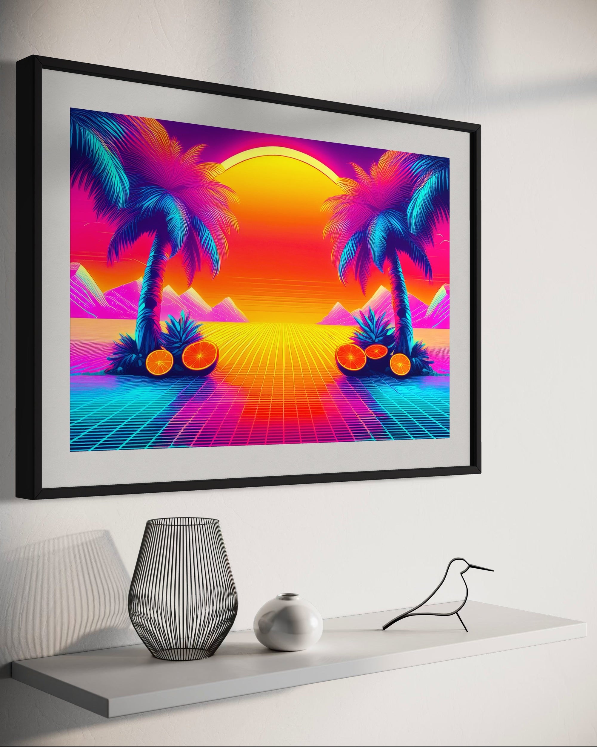 Sunwashed Tide – Retro 80s Synthwave Sunset Wall Art Mami Makes Art