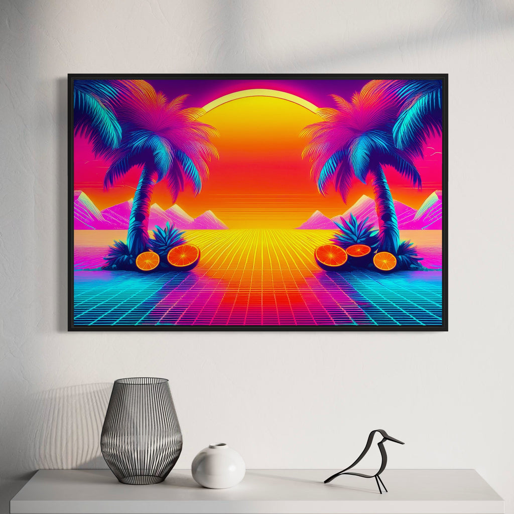 Sunwashed Tide – Retro 80s Synthwave Sunset Wall Art Mami Makes Art