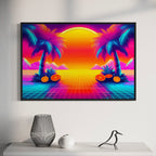 Sunwashed Tide – Retro 80s Synthwave Sunset Wall Art Mami Makes Art