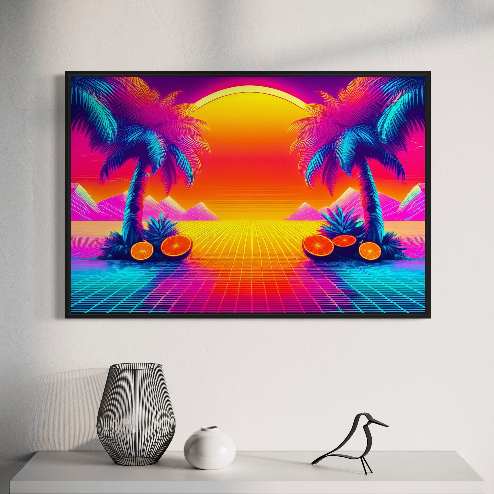 Sunwashed Tide – Retro 80s Synthwave Sunset Wall Art Mami Makes Art