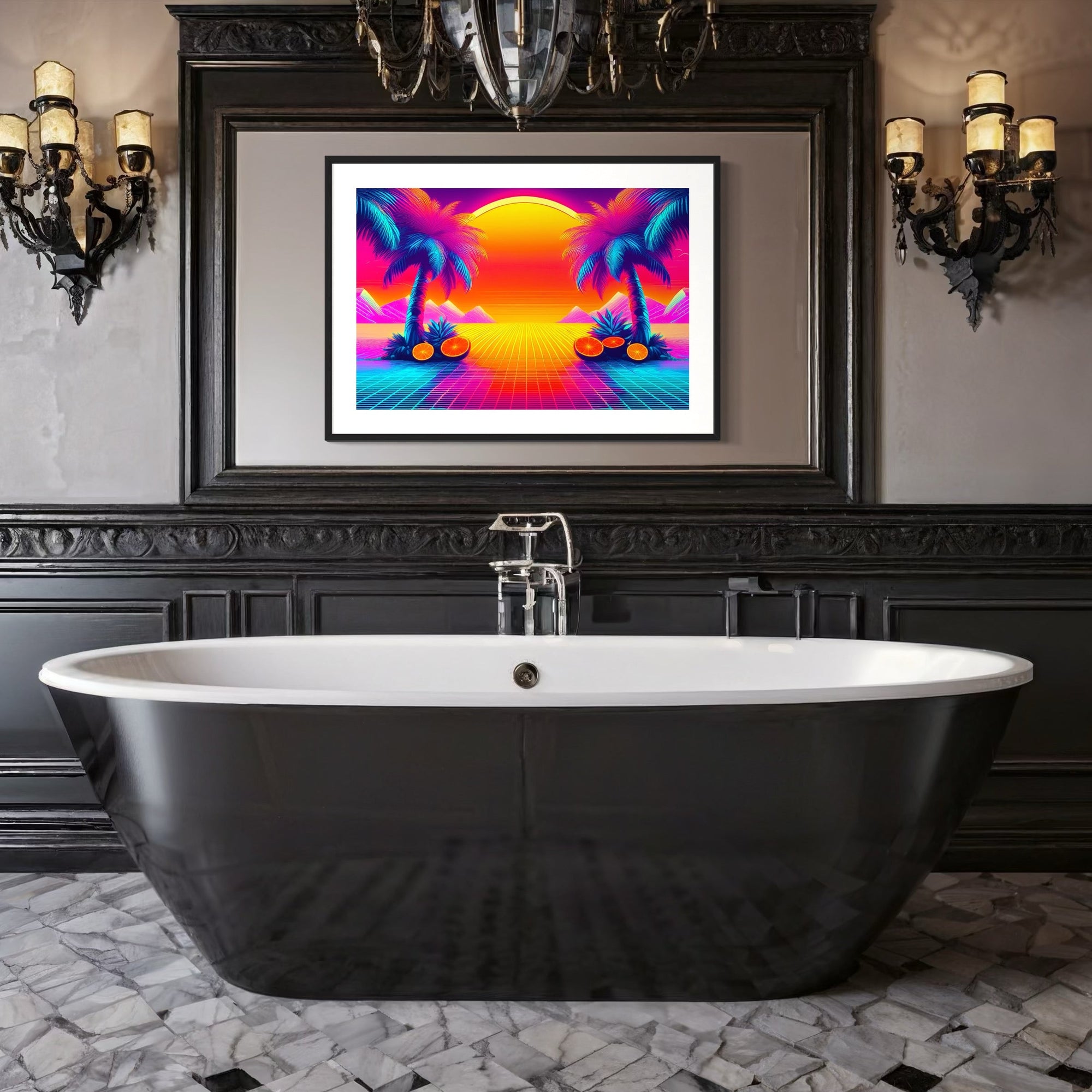 Sunwashed Tide – Retro 80s Synthwave Sunset Wall Art Mami Makes Art