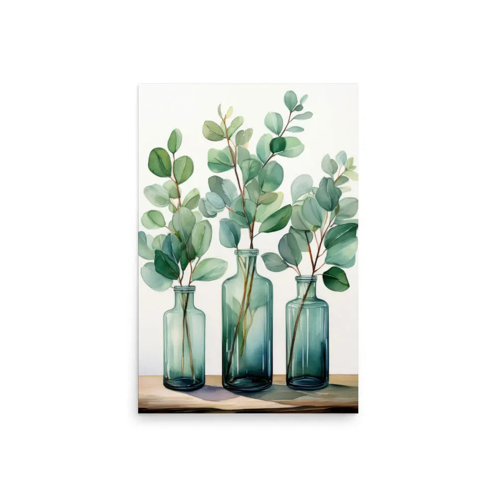 Minimalist botanical poster featuring eucalyptus stems in teal glass vases on a wood shelf, printed on matte paper
