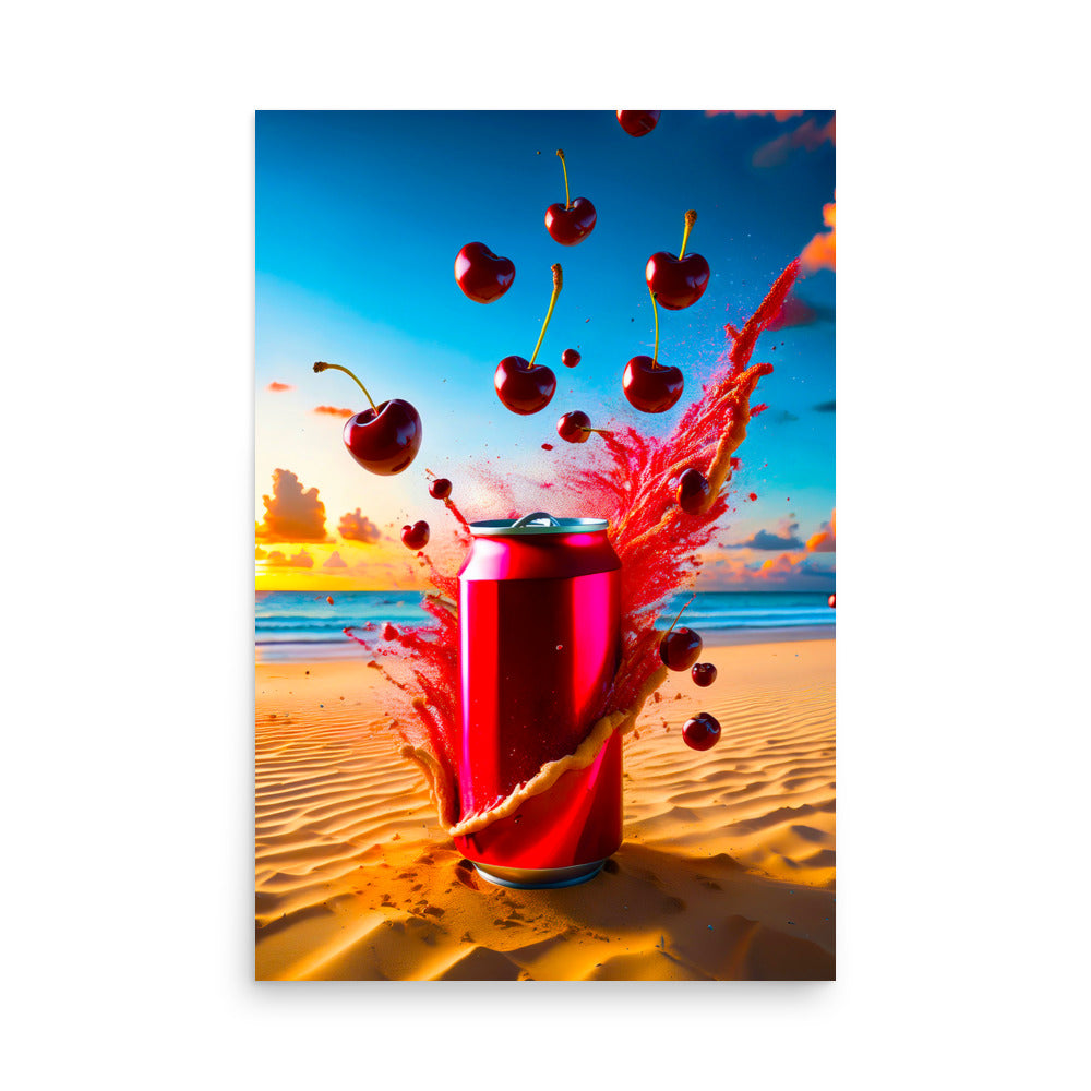 Cherry soda can exploding on tropical beach with sunset background – colorful enhanced matte art print mockup for 24x36 wall decor